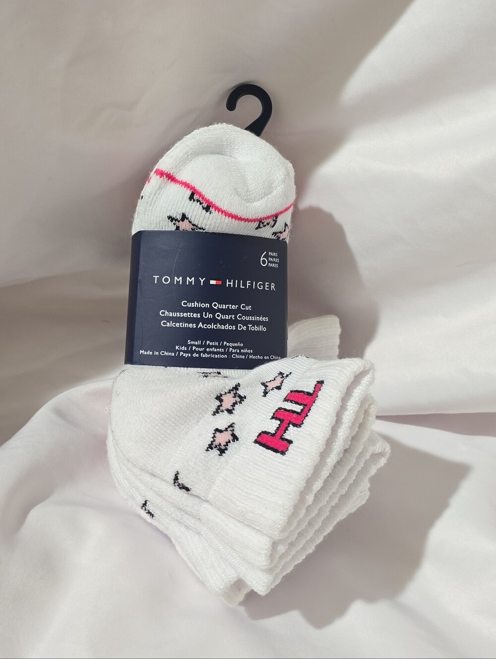 NWT Tommy Hilfiger Girl's 6 Pack Cushion Quarter Cut Small Socks White Pink